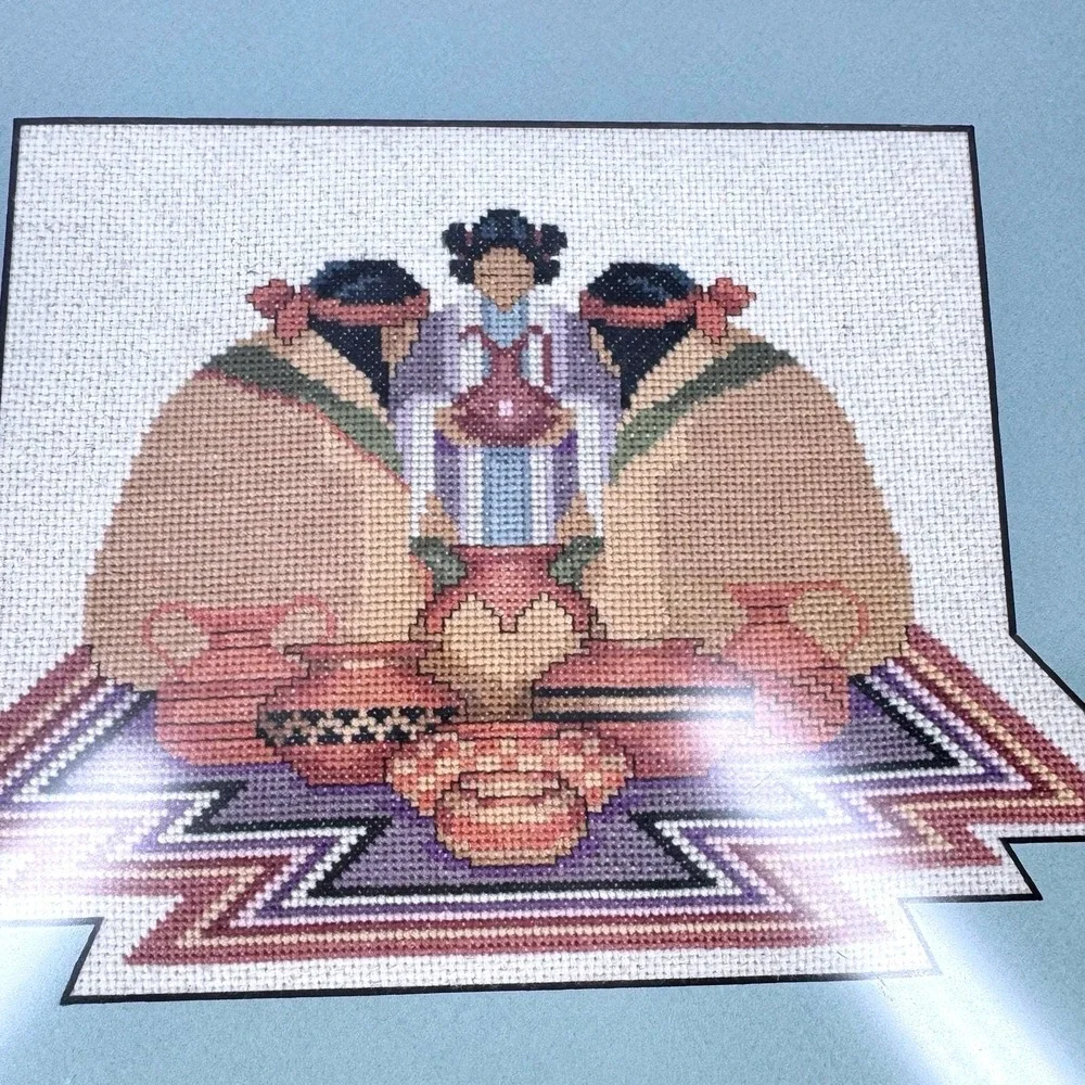 Framed Hand Stitched Needlepoint Southwest Figure Wall‎ Art Wood Frame 13x15